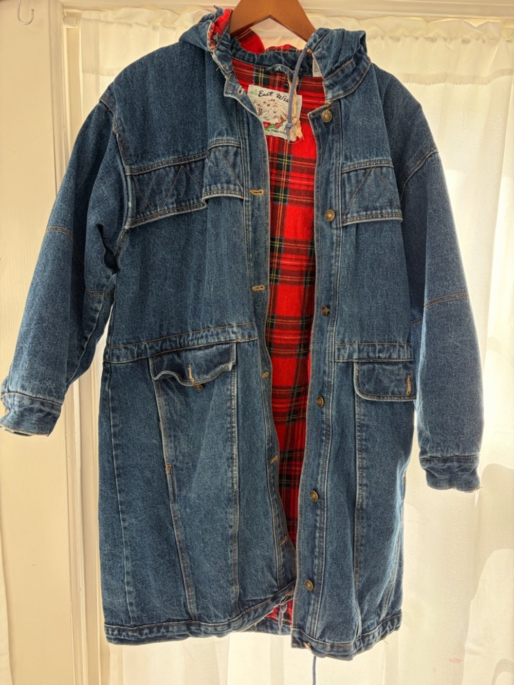 Denim Hooded Coat with Red Plaid Lining